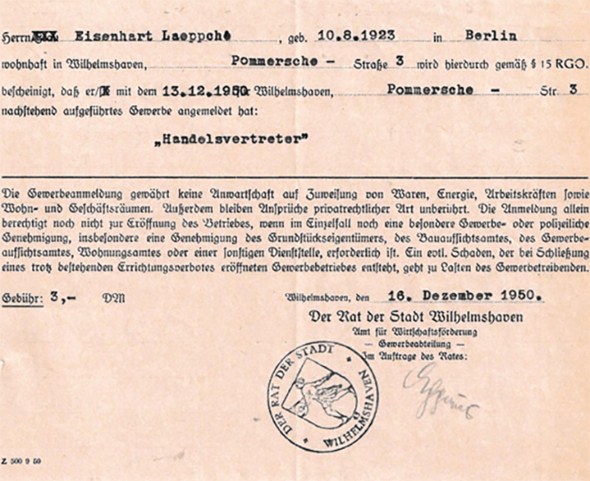 Gewerbeanmeldungsschein von LAEPPCHÉ aus dem Jahr 1950
