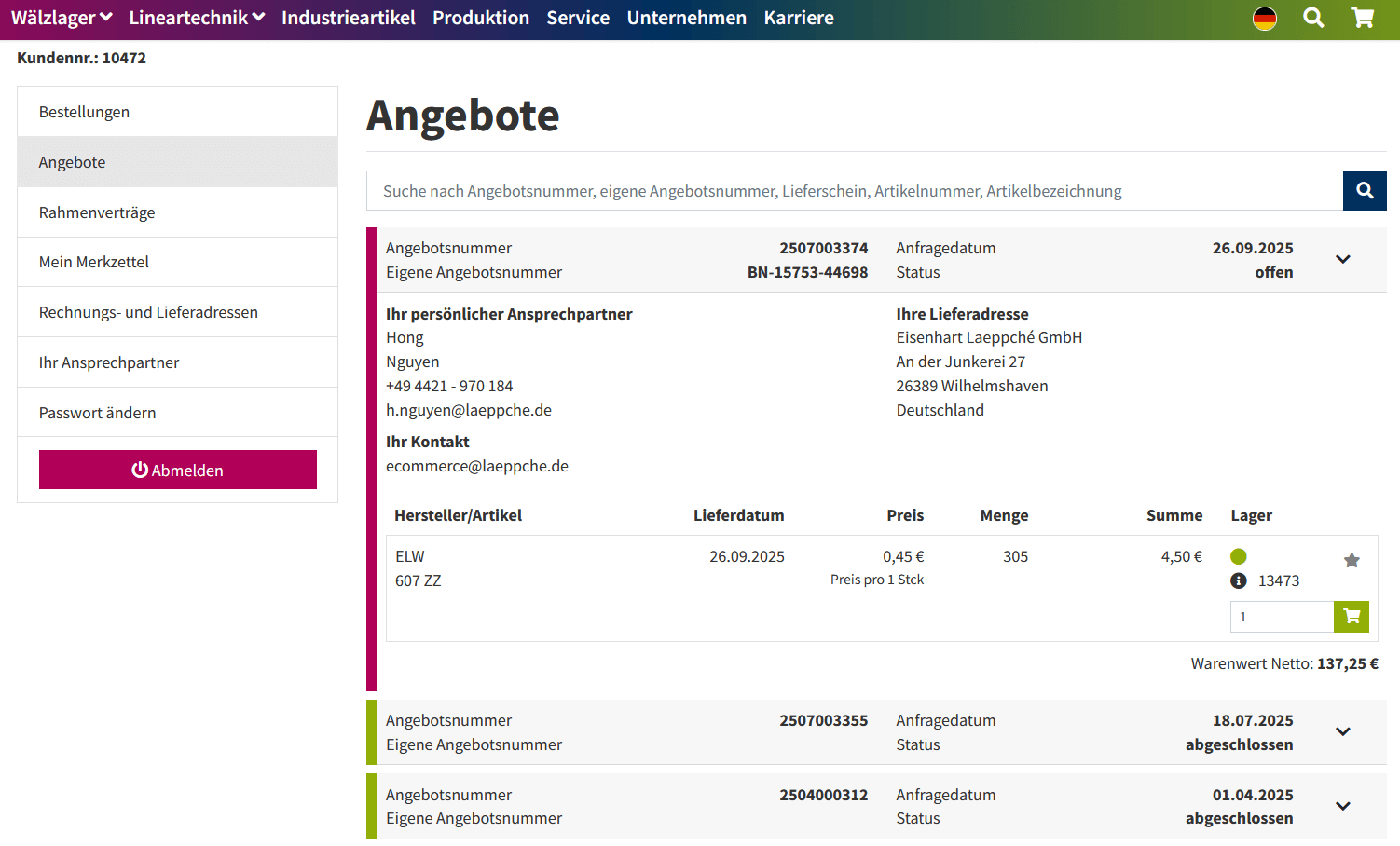 Angebotsübersicht im Laeppché-Kundenportal